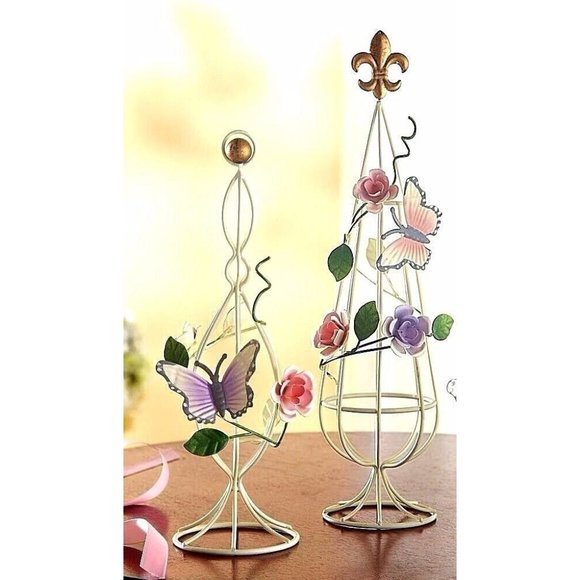 Garden Topiary Decorative Table Butterfly 3-Piece Rose Vines Hand Painted Metal - Picture 2 of 3